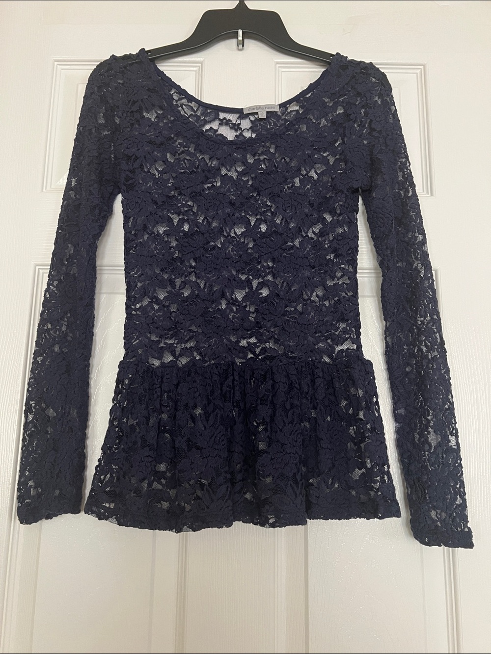 Charlotte Russe Navy Floral Sheer Lace Peplum Hem Long-Sleeve Scoop Neckline Top